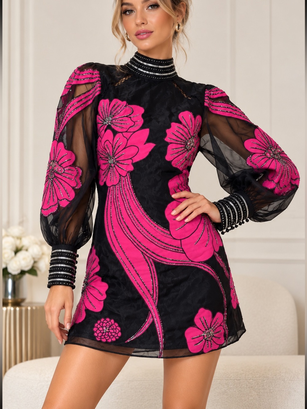 Karen Millen Petite Black Pink Floral Beaded Sequin Mini Dress US 2 UK 6